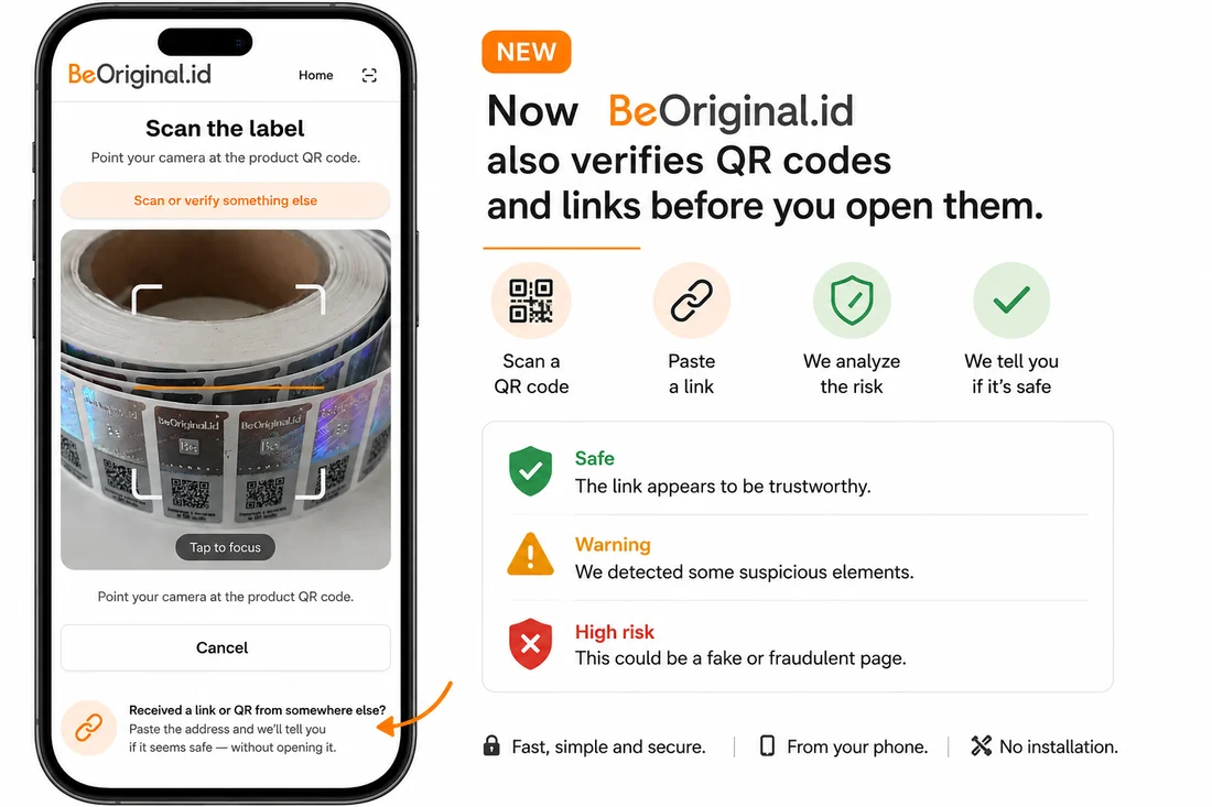 Now BeOriginal.id also verifies QR codes and links before you open them: scan a QR, paste a link, we analyze the risk and tell you if it's safe.