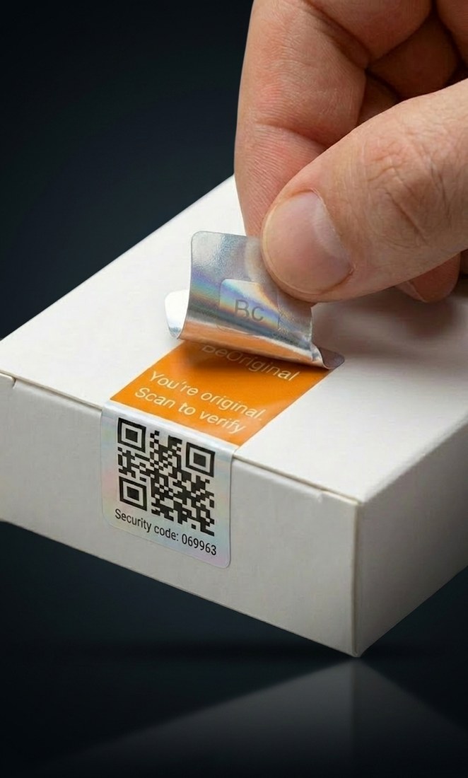 Caja de medicamento con la etiqueta de seguridad de BeOriginal, lista para despegarse y revelar el QR oculto.