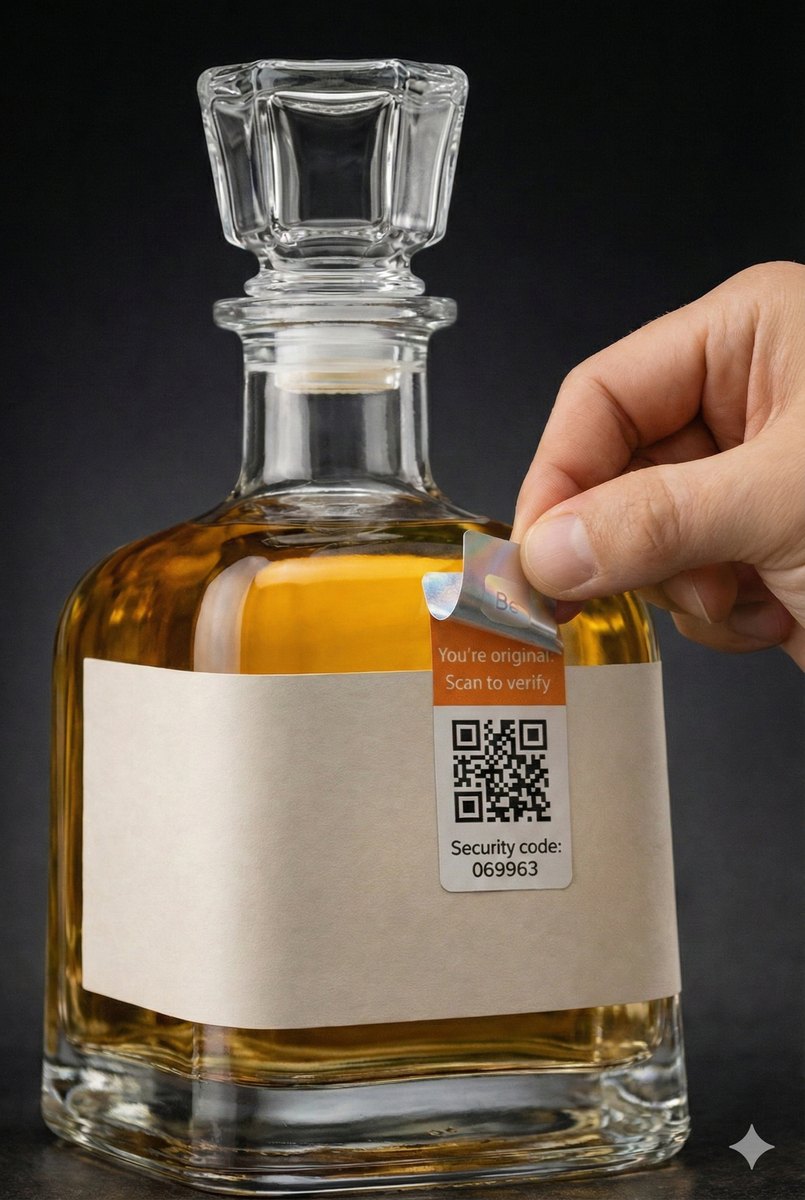 Botella con la etiqueta holográfica de BeOriginal sobre el cuerpo, contra el rellenado.