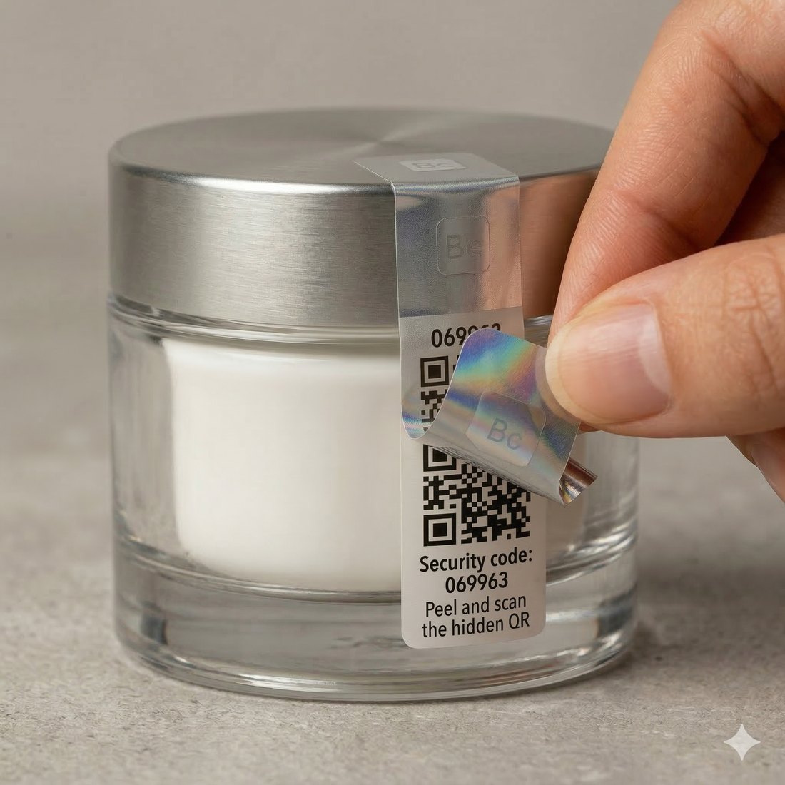 Frasco de cosmético con la etiqueta holográfica de BeOriginal.