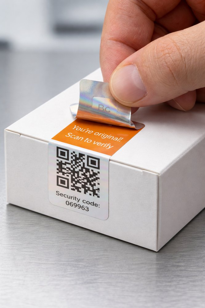 Caja de medicamento con la etiqueta de seguridad de BeOriginal.